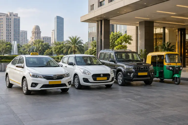 Indian sedan taxi, hatchback, commercial SUV and passenger auto-rickshaw